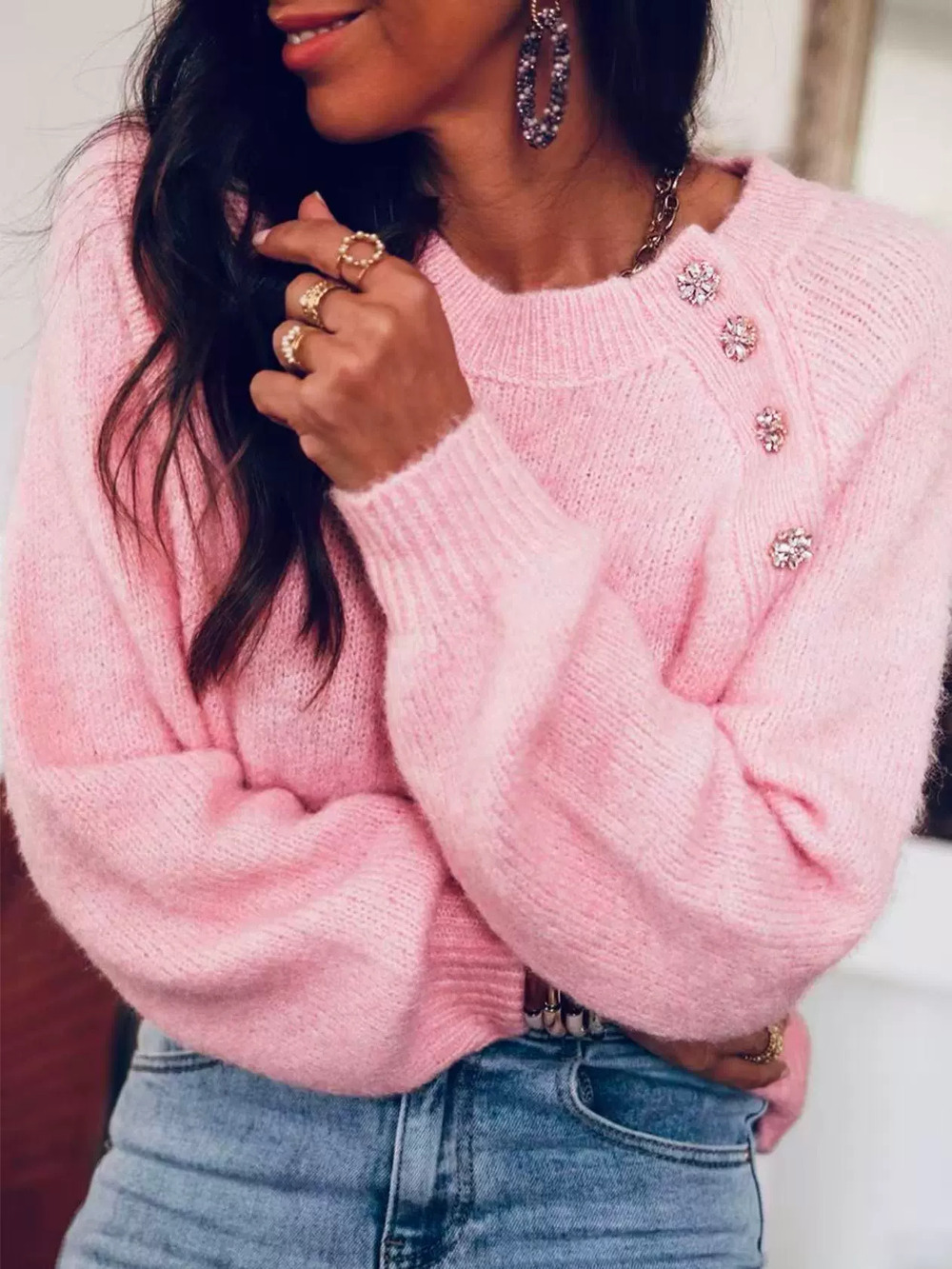 ZARA Pink Fluffy Knit Sweater Women Rhinestone Crew Neck Oversized Fall Winter